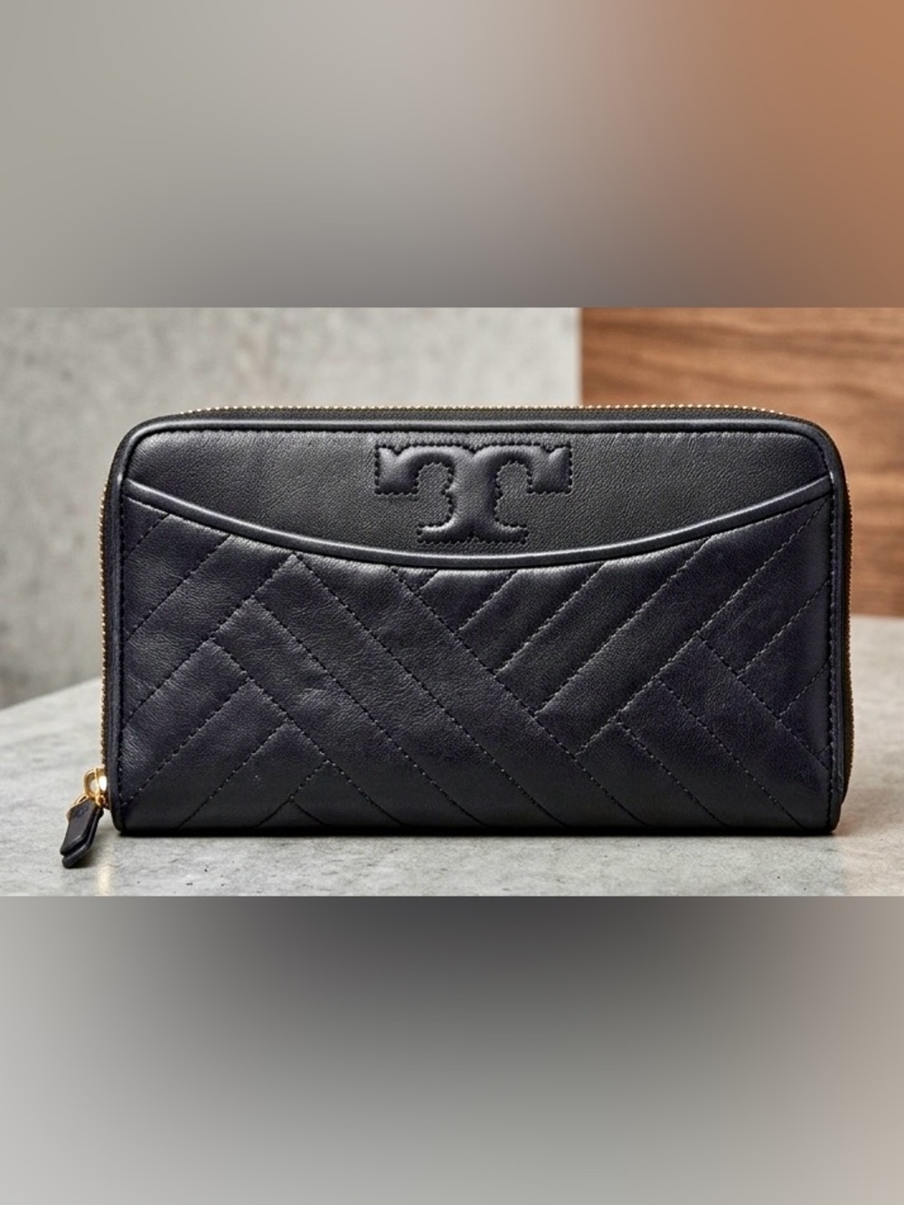 Tory Burch Black Quilted Leather Zip Around Continental Long Wallet